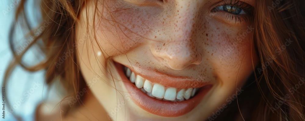 A close-up portrait of a woman with freckles, smiling brightly. A close-up portrait of a woman with freckles, smiling brightly.