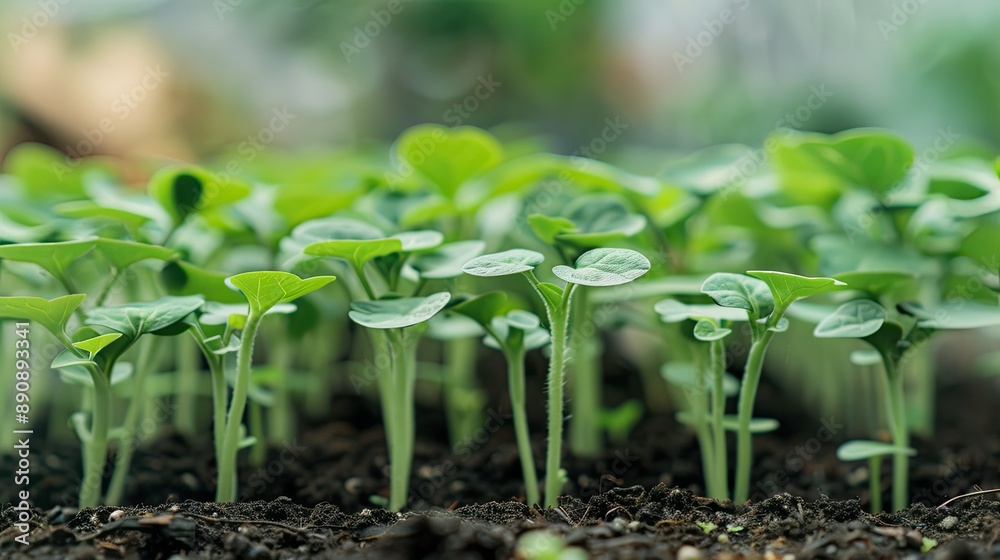 A cluster of delicate green sprouts in a nursery, with healthy soil surrounding them. A cluster of delicate green sprouts in a nursery, with healthy soil surrounding them.