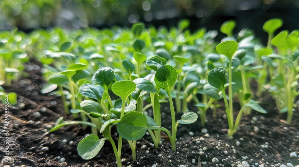 A cluster of delicate green sprouts in a nursery, with healthy soil surrounding them. A cluster of delicate green sprouts in a nursery, with healthy soil surrounding them.