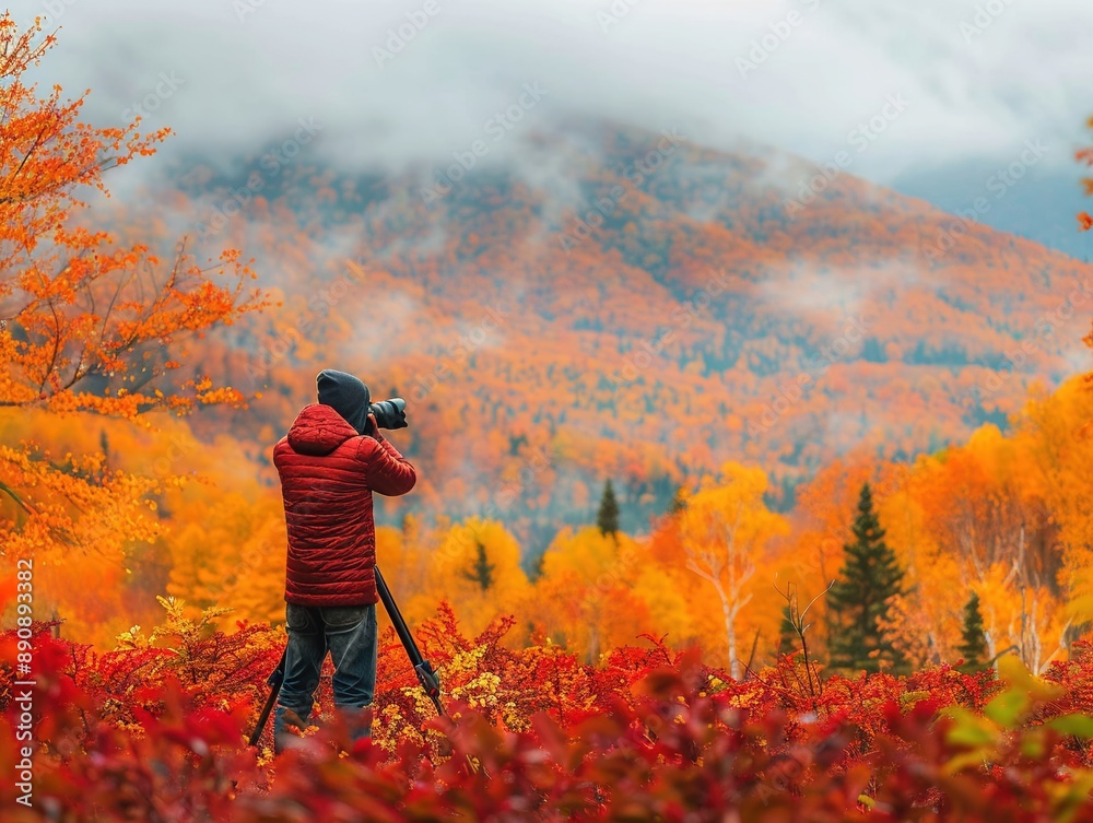 A photographer capturing contrasting colors in a fall landscape, emphasizing the beauty of the season A photographer capturing contrasting colors in a fall landscape, emphasizing the beauty of the season