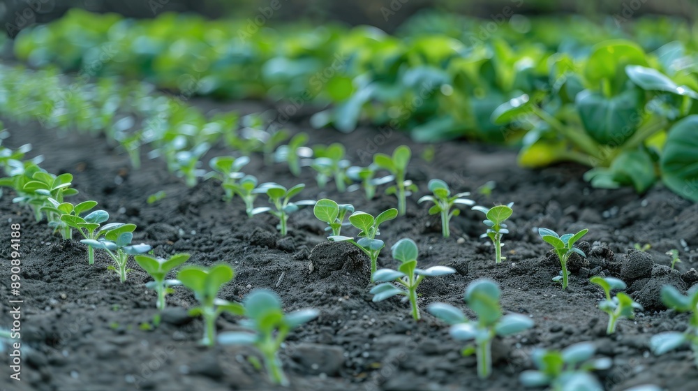 A row of tiny green seedlings just sprouted from seeds in a neat garden row. A row of tiny green seedlings just sprouted from seeds in a neat garden row.