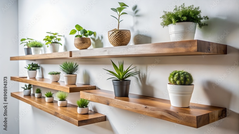 Plants bringing life to modern living room decorated with wooden shelves Plants bringing life to modern living room decorated with wooden shelves