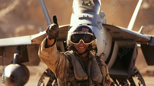 Standing amidst the deafening roar of jet engines, an Aircraft Launch and Recovery Specialist gives a thumbs-up signal, confirming an aircraft is ready for launch.
