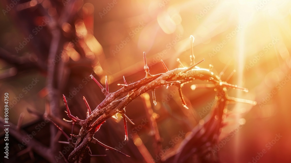 Close-up of a crown of thorns on a cross with a bright, divine light illuminating the background. Close-up of a crown of thorns on a cross with a bright, divine light illuminating the background.