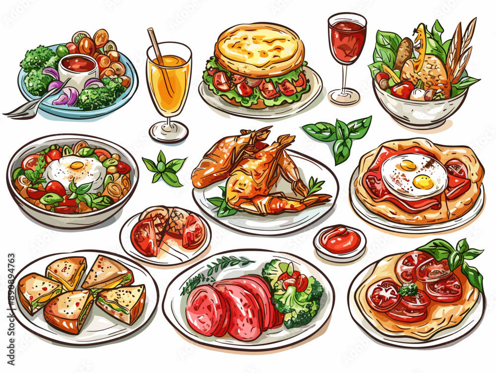 Vector set of different dishes on a white background. Vector illustration. Vector set of different dishes on a white background. Vector illustration.