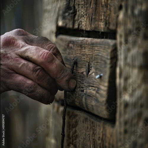 Close-up of a hand placing a nail into the cross, symbolizing the act of crucifixion.  © Radetdararith