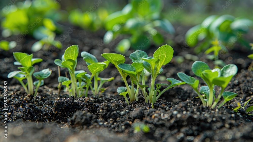 Close-up of small green seedlings emerging from rich, dark soil in a garden bed. Close-up of small green seedlings emerging from rich, dark soil in a garden bed.