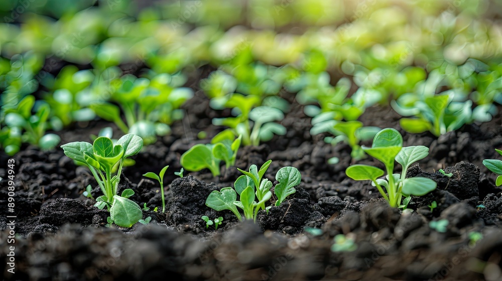 Close-up of small green seedlings emerging from rich, dark soil in a garden bed. Close-up of small green seedlings emerging from rich, dark soil in a garden bed.