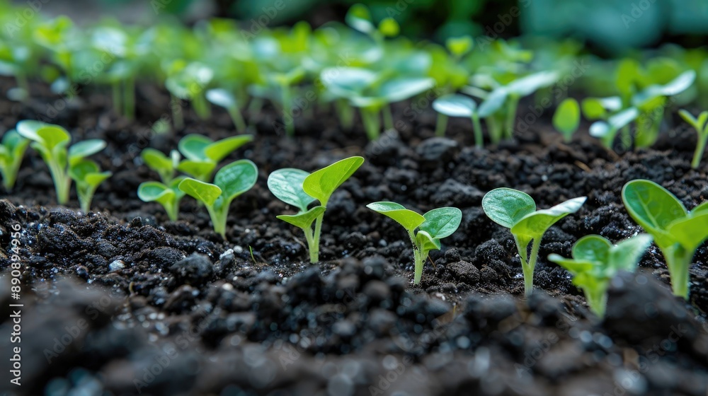 Close-up of small green seedlings emerging from rich, dark soil in a garden bed. Close-up of small green seedlings emerging from rich, dark soil in a garden bed.