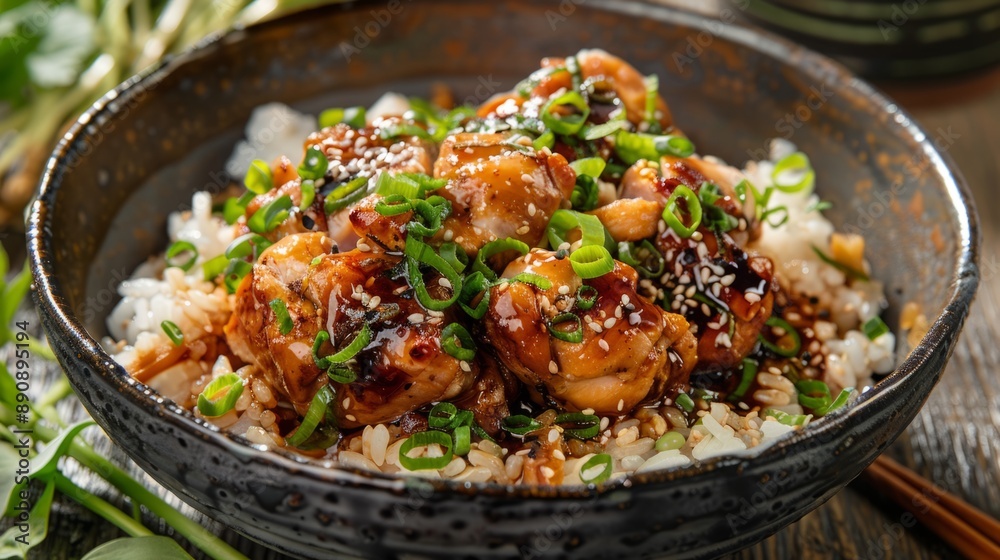 Delicious Asian-style Teriyaki Chicken Bowl with Jasmine Rice and Fresh Vegetables. Healthy Homemade Meal. Close-up Shot Featuring Vibrant Colors and Appetizing Food Presentation. AI Delicious Asian-style Teriyaki Chicken Bowl with Jasmine Rice and Fresh Vegetables. Healthy Homemade Meal. Close-up Shot Featuring Vibrant Colors and Appetizing Food Presentation. AI