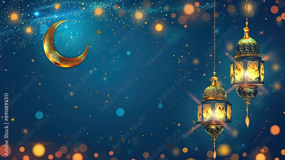 Fototapeta premium islamic background with lantern and crescent moon and blue background