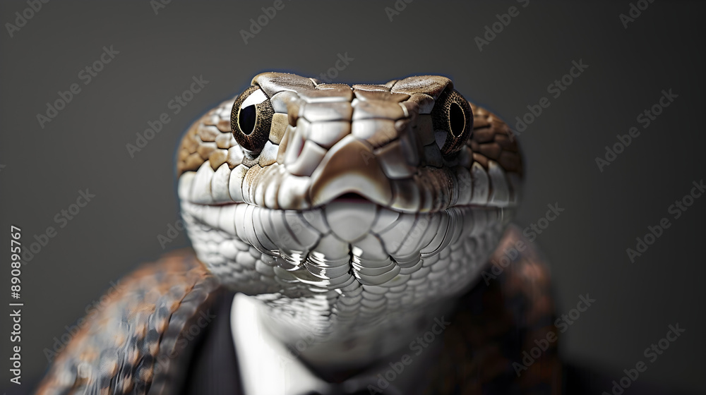 Fototapeta premium A striking close-up of a snake in a suit, exuding confidence and seriousness, perfect for business, humor, or unique marketing themes.