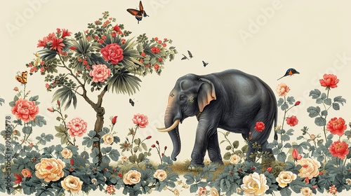 vector, illustration, Vintage botanical palm tree, Indian elephant, floral tree, butterfly, bird, plant floral seamless border. Exotic chinoiserie mural