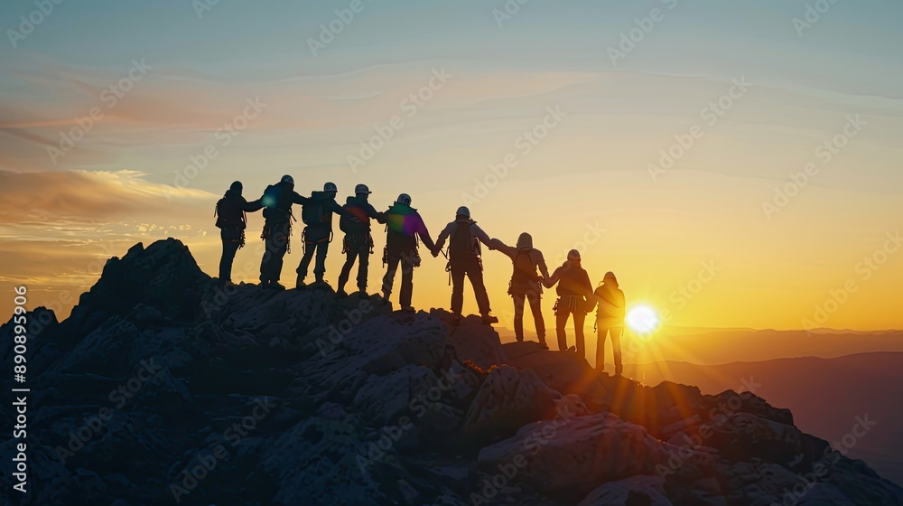 Fototapeta premium Silhouette of climbers holding hands in a circle at the summit of a mountain, symbolizing unity and teamwork. 