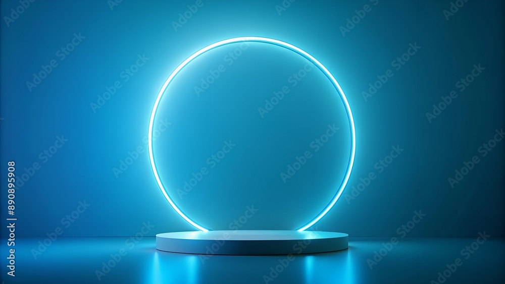 Round podium illuminating glowing neon circle on blue background Round podium illuminating glowing neon circle on blue background