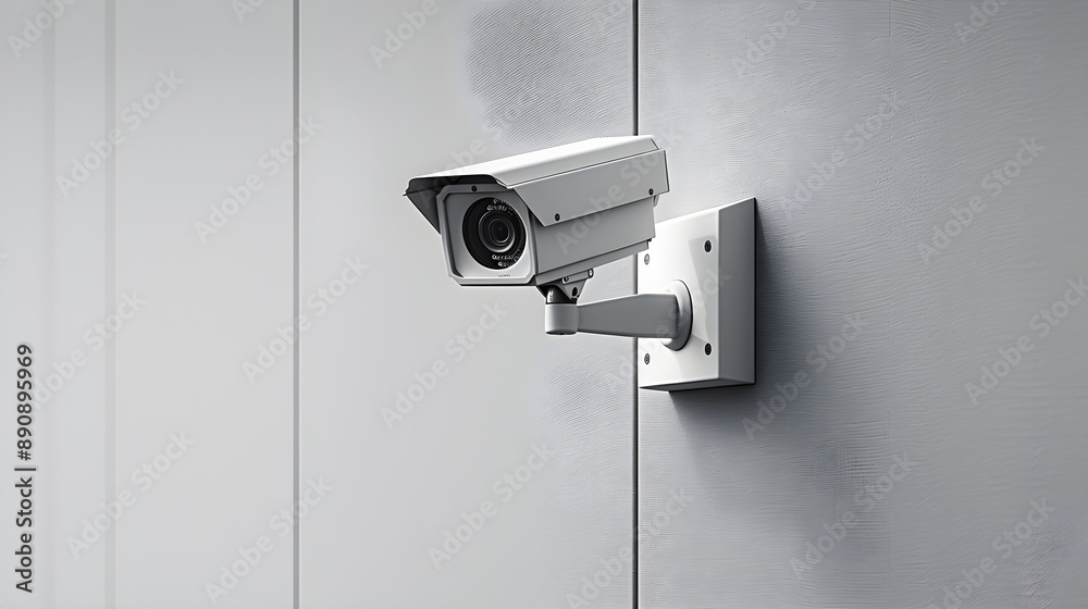 Sleek, modern CCTV camera mounted on a minimalist gray wall, ideal for security technology advertising and urban lifestyle themes. Features ample copy space. Sleek, modern CCTV camera mounted on a minimalist gray wall, ideal for security technology advertising and urban lifestyle themes. Features ample copy space.