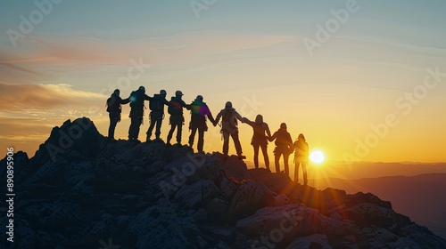 Silhouette of climbers holding hands in a circle at the summit of a mountain, symbolizing unity and teamwork. 