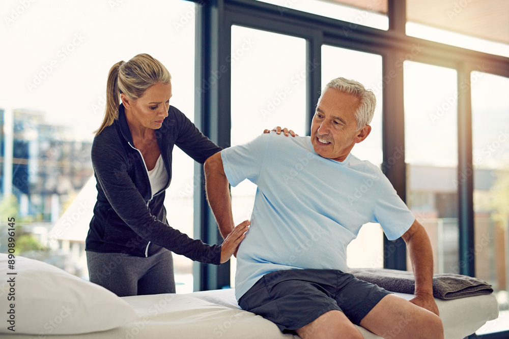 Help, physiotherapist and senior man with back pain in clinic for physiotherapy, support or consultation. Healthcare, woman coach and elderly patient for medical service, wellness or rehabilitation Help, physiotherapist and senior man with back pain in clinic for physiotherapy, support or consultation. Healthcare, woman coach and elderly patient for medical service, wellness or rehabilitation