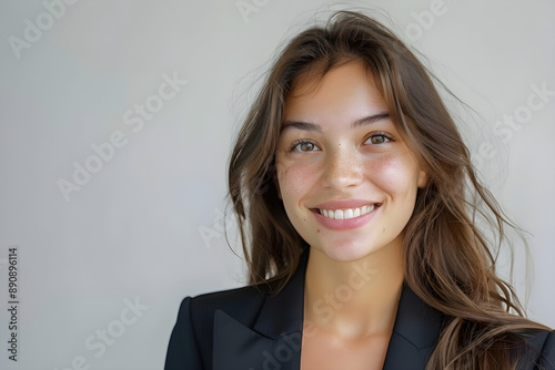 Confident young woman with a warm smile and long hair, perfect for business, lifestyle, and beauty themes. Ideal for marketing and branding.