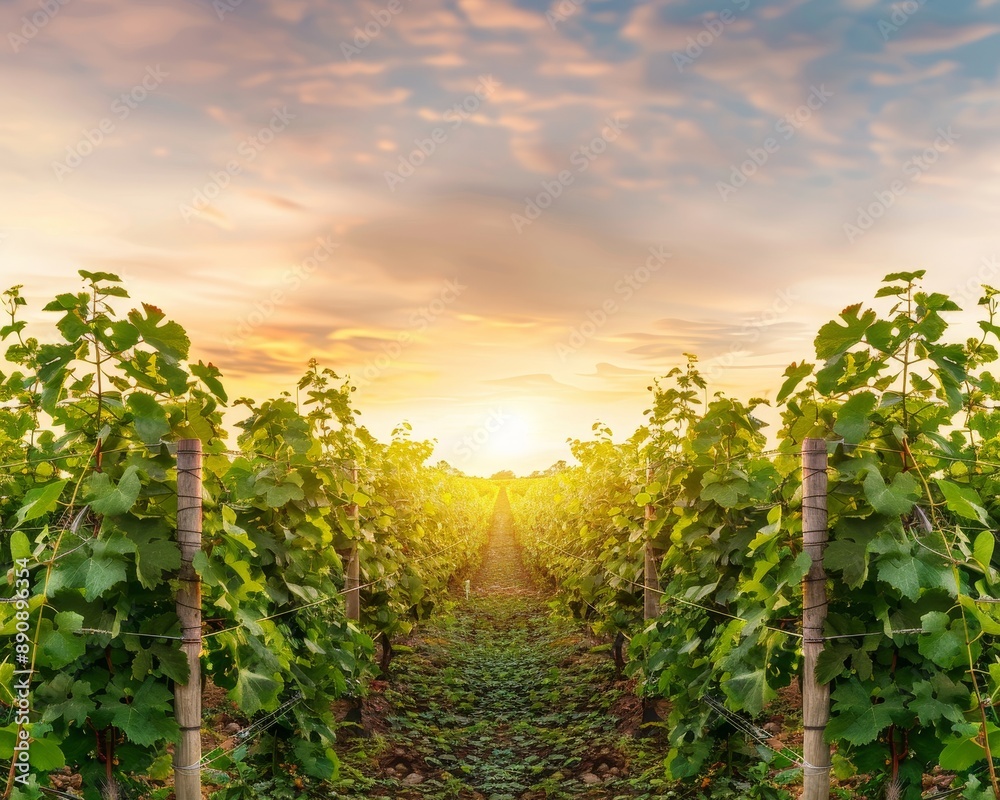 Naklejka premium Panoramic view of lush vineyard rows in summer glow beautifully captured at sunset