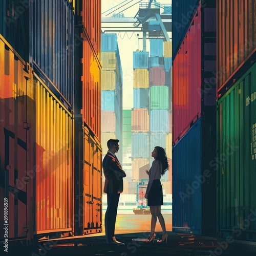 The businessman and businesswoman discussing global trade and shipping routes near cargo containers.