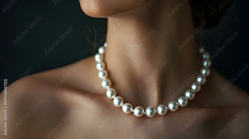 A beauty adorned with a white pearl necklace, representing a fine jewelry concept. A beauty adorned with a white pearl necklace, representing a fine jewelry concept.
