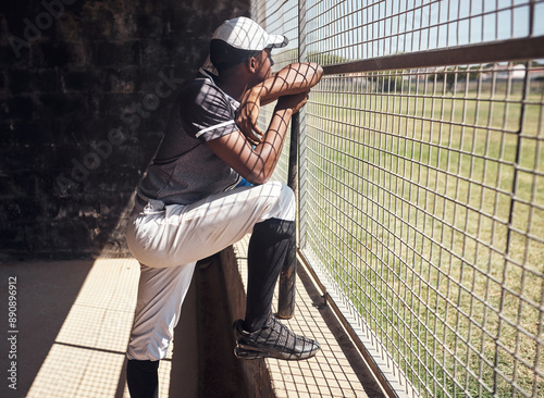 Photography Baseball player, game and man in dugout, watching team sports outdoor for competition or fitness