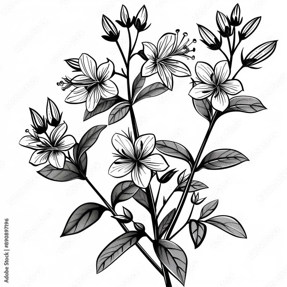St. John's wort plant line art floral drawing Black and white illustration with beautiful botanical flower 