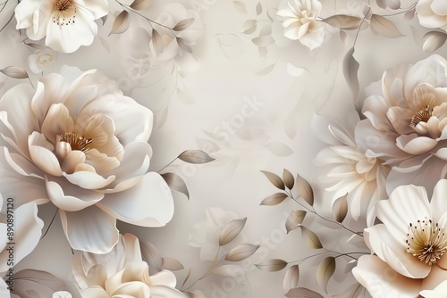 3d mural wallpaper with simple floral painting light gray background. drawing modern flowers for bedroom decor, Generative AI