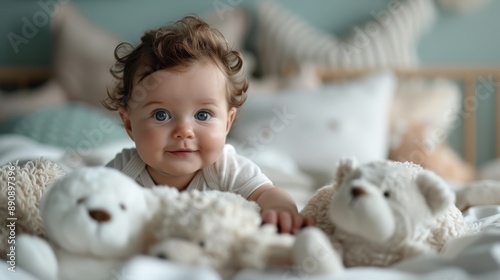 A smiling baby with curly hair lays on a bed, surrounded by multiple fluffy teddy bears and soft bedding, capturing a moment of joy and playfulness. photo