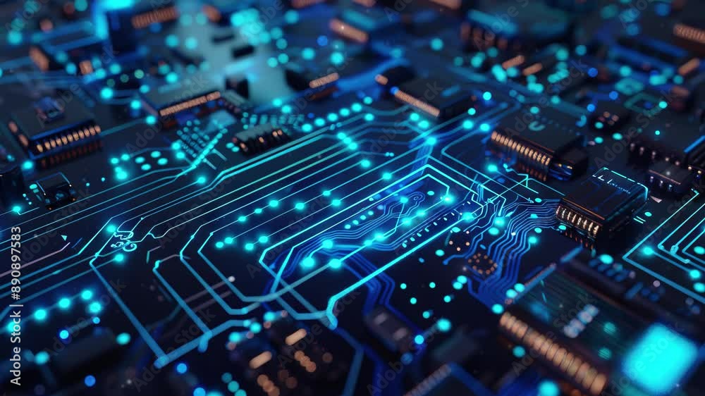 Tech Picture Reference. Abstract Blue Circuit with AI Symbols. Background for technology and business Tech Picture Reference. Abstract Blue Circuit with AI Symbols. Background for technology and business