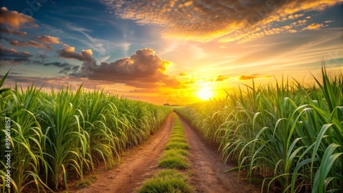 Sunset illuminating a sugarcane field, casting a warm golden glow on the long, slender leaves and stalks, Sunset, Sugarcane