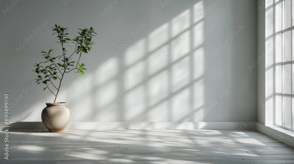 A serene sunlit corner of a room featuring a potted plant, with its shadow cast artistically on the floor, creating a peaceful and harmonious scene emphasizing natural light. A serene sunlit corner of a room featuring a potted plant, with its shadow cast artistically on the floor, creating a peaceful and harmonious scene emphasizing natural light.