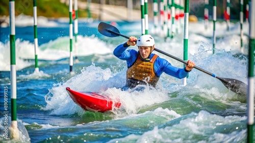 Kayak slalom athlete maneuvering through gates in a racing competition, kayak, slalom, athlete, racing, competition photo