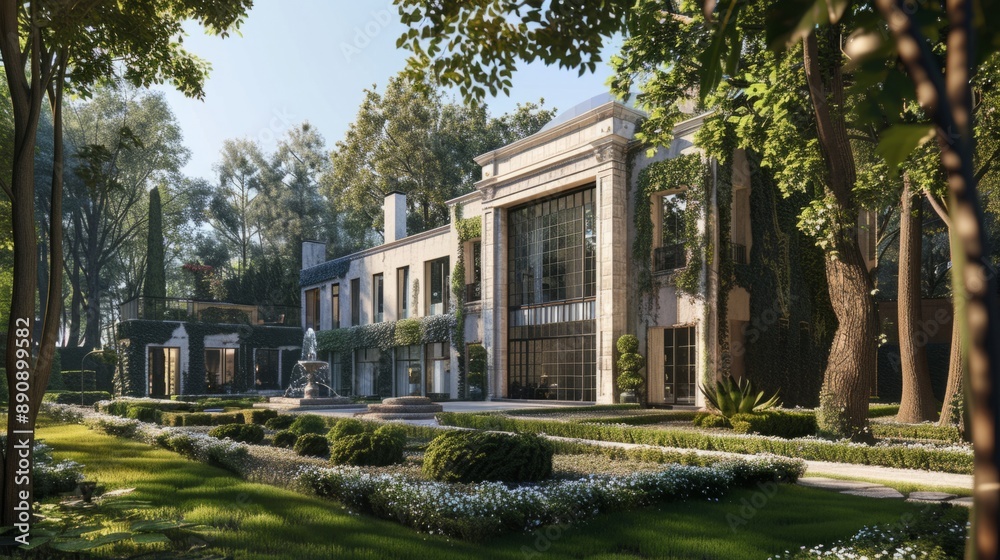 Obraz premium Elegant mansion set in lush greenery. Beautiful two-story house with large windows and classic design. Ideal for architectural enthusiasts and luxury home inspiration. Exterior view, residential. AI