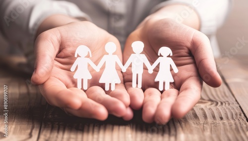Family security and support symbolized by hands holding paper cutout family in photography shot