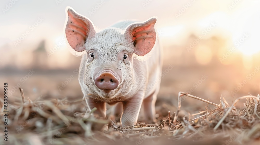 An adorable piglet standing on a straw-covered ground with the warm glow of a sunrise in the background, evoking a fresh start and new beginnings on the farm. An adorable piglet standing on a straw-covered ground with the warm glow of a sunrise in the background, evoking a fresh start and new beginnings on the farm.