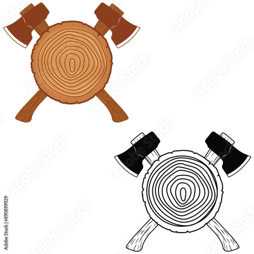 Crossed axe with tree rings vector illustration. Lumberjack logo design