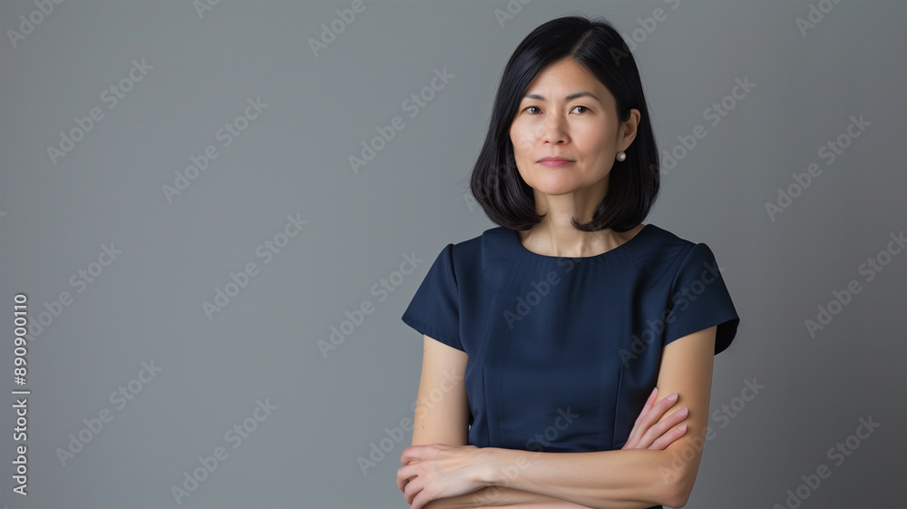 グレーの背景の洗練されたネイビーブルードレスの日本人女性 グレーの背景の洗練されたネイビーブルードレスの日本人女性