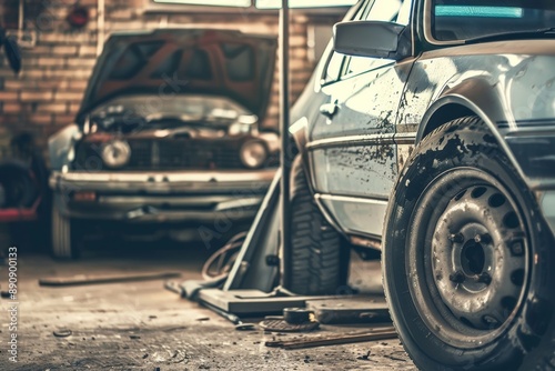 Silver car with damaged front panel on lifting stand in professional car repair workshop