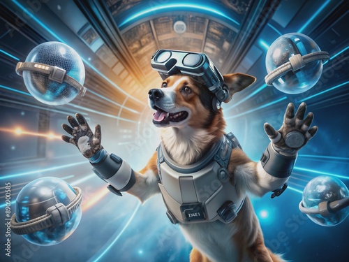 Adventurous dog wears futuristic virtual reality headset, paws at the air, surrounded by futuristic devices, with a blank customizable area for adding text or graphics. photo