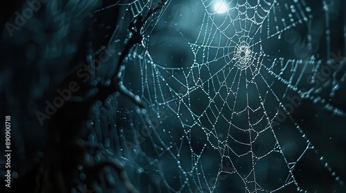 A spider web with dewdrops glistening in the moonlight. The web is intricate and delicate, creating a sense of mystery and wonder.