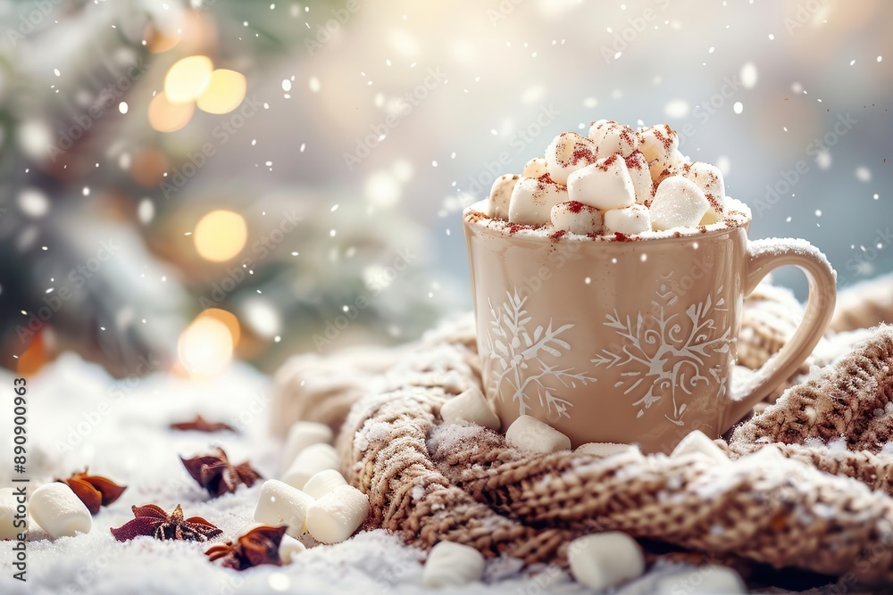 A warm mug of hot chocolate with marshmallows on a snowy day, surrounded by cozy elements. Perfect for winter holidays. A warm mug of hot chocolate with marshmallows on a snowy day, surrounded by cozy elements. Perfect for winter holidays.