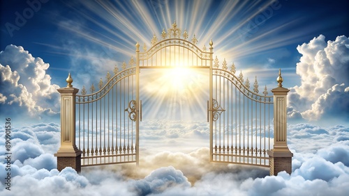 Ornate gate opening to heaven with sun shining down
