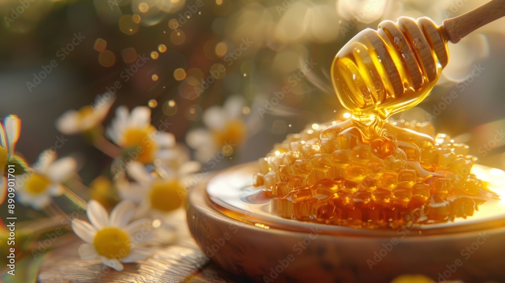 Φωτογραφία Close-up of golden honey dripping from a honey dipper into a wooden bowl with daisies in the background