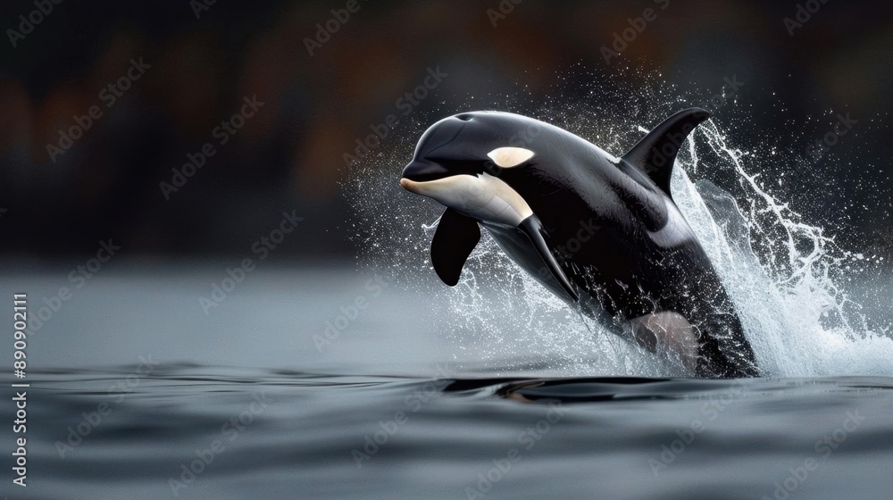 Obraz premium Dynamic shot of an orca leaping out of the water with a blurred background, showcasing the grace and power of this magnificent marine mammal.