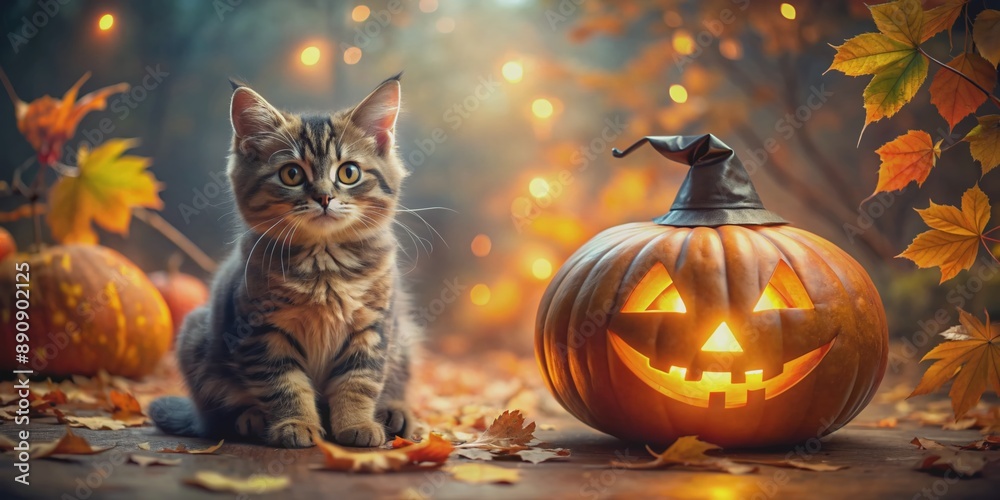 Φωτογραφία A whimsical wizard kitten sits proudly beside a glowing jack-o'-lantern, its eyes shining bright, surrounded by autumn leaves and eerie Halloween atmosphere