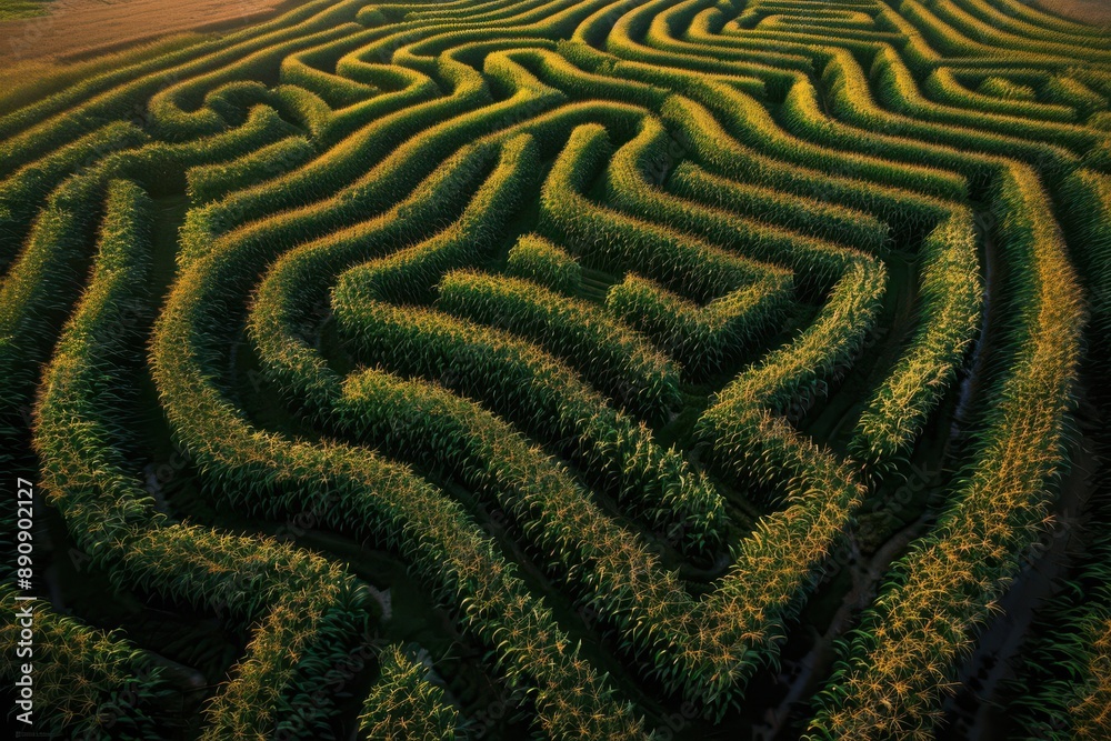 An aerial view of a large, intricate corn maze in a field. An aerial view of a large, intricate corn maze in a field.