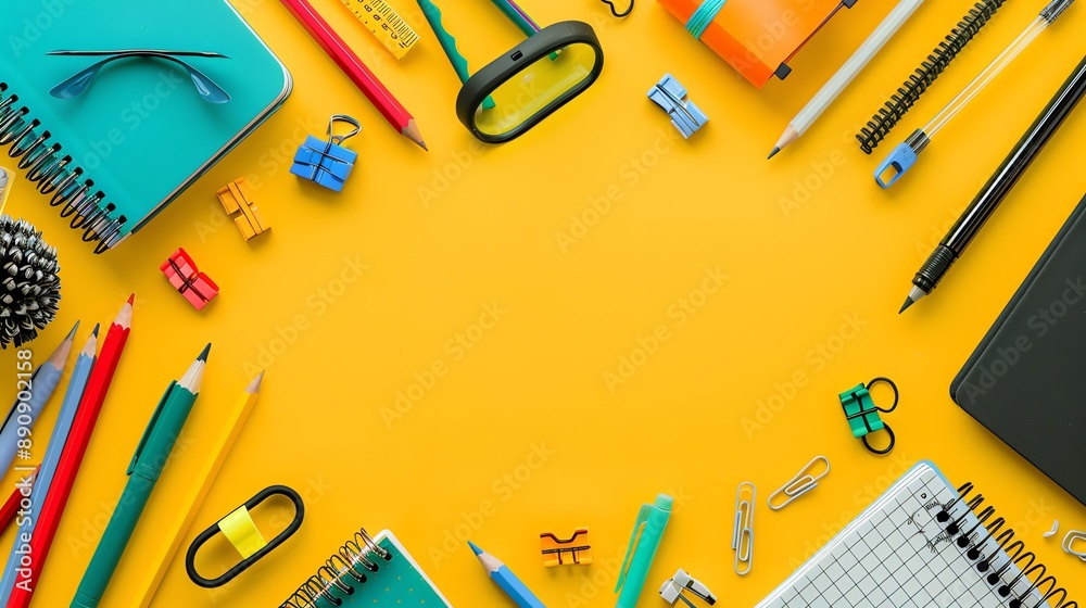 Flat lay of colorful school supplies with copy space. Flat lay of colorful school supplies with copy space.