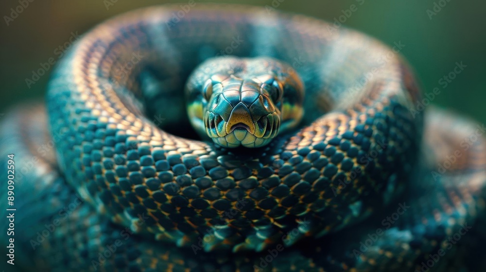 Fototapeta premium Close-up of a coiled snake with intricate patterns and vibrant colors, showcasing the beauty and detail of reptilian life in nature.